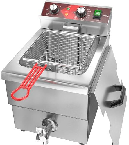 EGGKITPO Friggitrice elettrica grande da 12 l con scarico dell'olio e timer, friggitrice profonda con cestello e coperchio, friggitrice da piano in acciaio inox, friggitrice commerciale per ristorante