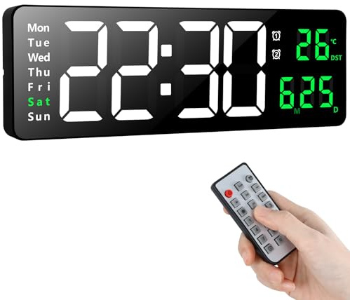 Koolertron Digital Wall Clock 16.2 LED Display with Remote Control | Auto-dimming, countdown timer, dual alarms, DST, date & temp display, battery backup, 3m cable, ideal for home & bedroom use