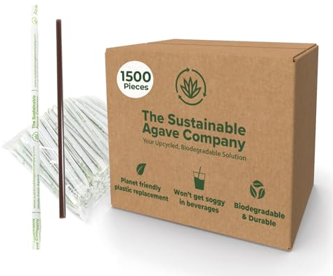 Sustainable Agave Co – Lot de 1500 pailles en fibre d'agave emballées sous vide – Biodégradables, à base de plantes, fabriquées avec des matériaux recyclés, réutilisables, marron, régulier, 20,3 cm