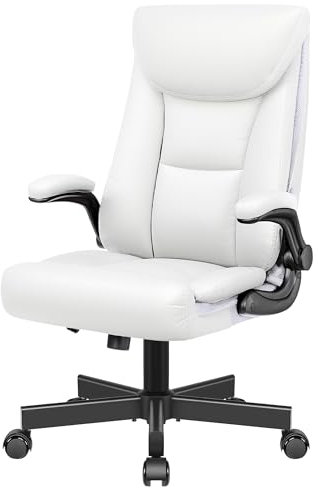 BestEra Chefsessel aus Leder, ergonomischer Bürostuhl, groß und hoch, Schreibtischstühle mit verstellbaren Klapparmen, Lendenwirbelstütze, Computerstuhl mit Schaukelfunktion, Weiß