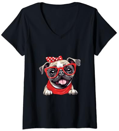 Tiere Hunde mit Halstuch und Sonnebrille Mops T-Shirt mit V-Ausschnitt