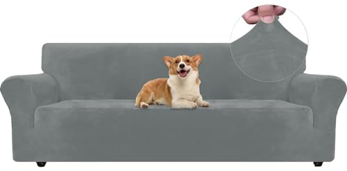 Ystyle Elastischer Samt Sofabezug 4 Sitzer, Hellgrau | Stretch Sofa Überzug, Sofaschoner Rutschfest, Couch Überzug, Sofa Cover mit Armlehnen, Sesselschoner Sofaschutz Katze