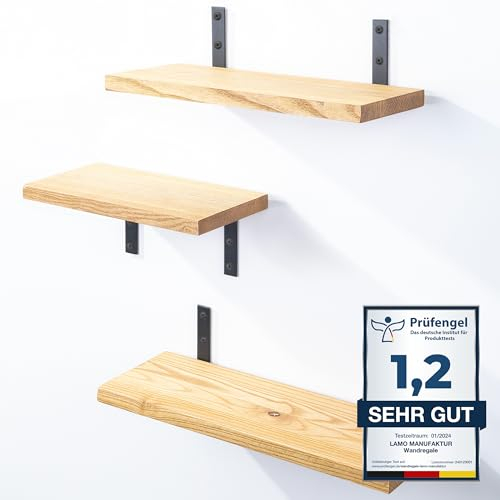 LAMO Manufaktur 3 estantes de pared de madera 42/36/30 cm | Estantería de pared 100% madera maciza | Estantería de pared para sala de estar, dormitorio | Estantes de pared Set 3 borde derecho Color