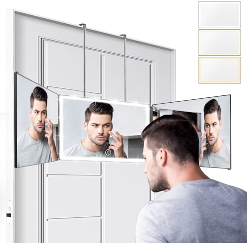 Vanexiss 3 Way Mirror with Lights,360 Mirror with 3 Color Light - Rechargeable - Foldable,Haircut mirror with Height Retractable Hook for Self Styling and Barbering Makeup Shaving