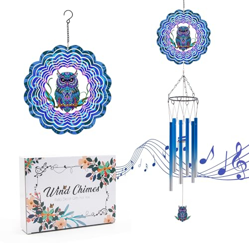 Windspiel mit Eule Wind Spinner, Geschenke für Männer, Frauen, Ruhestand, Lehrer, Eltern - Outdoor Hanging Decor Clearance für Garten, Terrasse, Hinterhof oder Veran