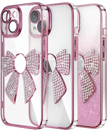 IMIRST Diamond Phone Case Compatible with iPhone 15 Plus (6.7'') Electroplated Bling Glitter Silicone Shell Shockproof Protective Cover Bumper Bow Tie Case for Apple iPhone 15 Plus. KD Rosegold