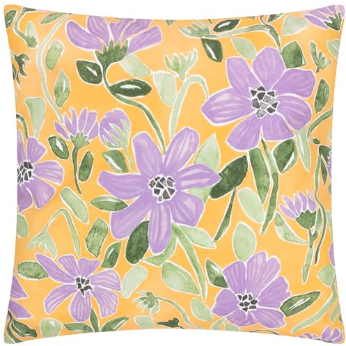 furn. Wylder Flowers Outdoor Polyester Filled Cushion – Reversible Striped Pastel Floral Decorative Pillow (Yellow/Lilac – 43x43cm)