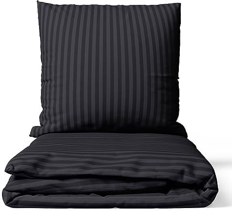 Visaggio Bettwäsche 135x200 cm Mikrofaser Damast Bettbezug Set mit Reißverschluss Gestreift Modern Schwarz