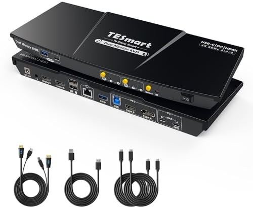 TESmart USB-C HDMI+DisplayPort KVM Switch, KVM for 2 Monitors 2 Computers with MST, EDID, 4K@60Hz USB 3.0 KVM Docking Station, Charging for Laptop, Gigabit Network, Hotkey Switch, for Laptop/Desktop