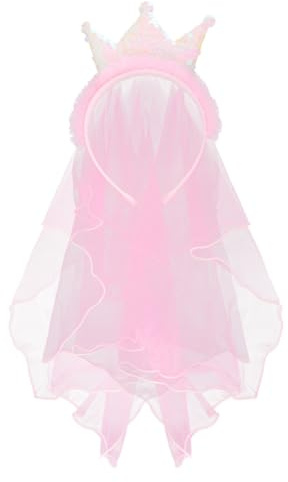Wisafory Kinder Schleier Mädchen Haarreif Niedlich Prinzessin Krone Haarband Pailletten Stirnband mit Zähnen Kurz Brautschleier Haarschmuck für Hochzeit Studio Kostüm Party Foto Roserot