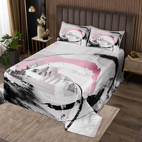 Homewish Couvre-Lit Rose 260x240 avec 2 Taies d'oreiller, Dessus de Lit Fille Abstraite, Couverture de Lit Dégradé Noir Blanc Gris, Jetés de Lit Peinture À l'huile Au Pinceau