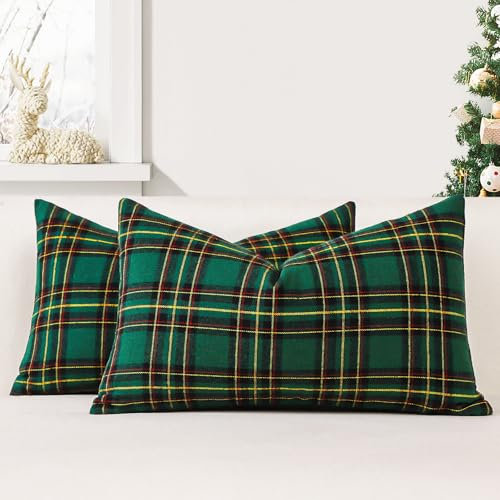 JOTOM 2er Set Weihnachten Schottisches Karo Kissenbezüge, Dekorative Plaid Tartan Wurf Kissenbezug Sofakissen Dekokissen Zierkissenbezug für Wohnzimmer Schlafzimmer Deko (40x60cm, Grün+Schwarz)