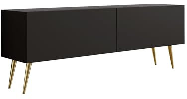 3E 3xE living.com Meuble TV : Deux Portes, Deux étagères, Couleur : Noir Mat, Pieds dorés D : L : 140 cm, H : 52 cm, P : 32 cm