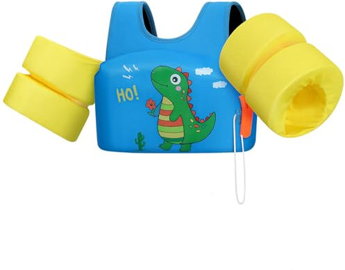 HeySplash Manguitos de Natación para Niños, Chaleco Flotante para Aprender a Nadar Piscina, Flotador con Brazaletes, Doble Hebilla de Segura Ajustable para Niños 3-10 Años, Azul Amarillo Dinosaurio