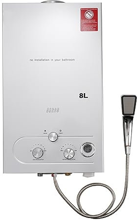 TABODD 16KW 8L Gas Durchlauferhitzer LPG Warmwasserbereiter, Temperatur kann 35-55 ℃ Outdoor Propan-Durchlauferhitzer mit Digitalanzeige und Duschset für Campingausflüge Bootshaus Wohnmobil, Silber