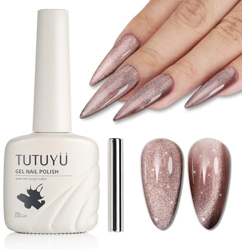 TUTUYU Brown Cat Eye Gel Nail Polish,Crystal Galaxy Holographic Cateye Gel Polish with Magnet,Brown Silver Shimmer Glitter Velvet Soak Off UV LED Home Diy Manicure Fall Winter Colors