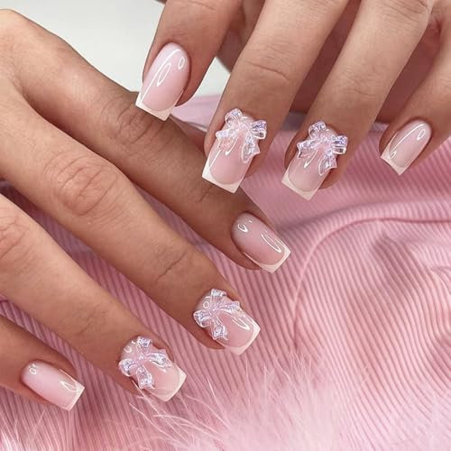 24pcs False Nails French Tip - Square French Stick on Nails with Transparent Bow - Press on Nails Removable Glue-on Nail - Full Cover Fake Nail Nail Art Accessories