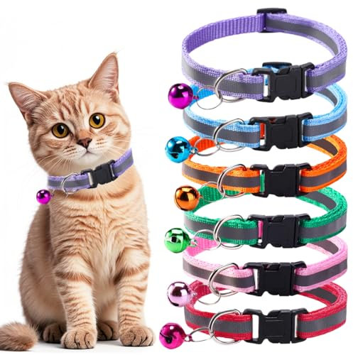 JEYORZY 6pc Réglable Collier pour Chat, Collier de Chat Personnalisé Réfléchissant avec Clochettes, Sécurité à Libération Rapide, Anti Étranglement pour Chatons
