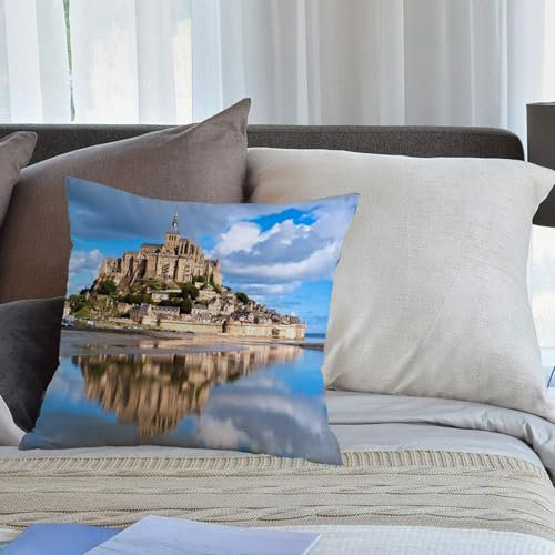 KHWEJ Kissenbezüge 45x45 cm,Chateau Mont Abbey Saint Tourist Michele Frankreich Michel Normandie mittelalterliche Mont Bretagne Michae,Zierkissenbezug Cushion Cover Couch Wohnzimmer Außenbereich Deko