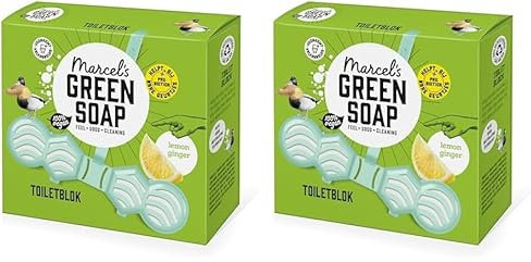 Marcel's Green Soap Toilet Block Ginger & Lemon - Fragrant Toilet Freshener - With probiotics against unpleasant odours - 95% biodegradable - Recycled plastic (Pack of 2)