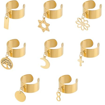 UNICRAFTALE 8 pièce 8 styles Bague Breloques Acier Inoxydable Bague pour Femme Arbre de Vie Fleur Pendentifs Ronds Bague Réglable Bague Dorés Manchette Ouverte Bagues Bijoux Cadeaux pour Nouvel An