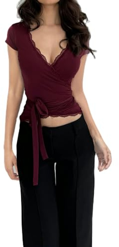 Women's Lace Trim Wrap Top T-Shirt Y2K Short Sleeve Deep V Neck Going Out Tee Tops Slim Fit Fairy Workout Blouse (Burgundy, S)