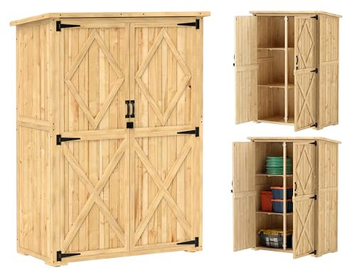 Outsunny casetta da giardino in legno, casetta per attrezzi con serratura a doppia porta scaffale a tetto in asfalto 116,5x57x167cm, armadio per attrezzi resistente alle intemperie, casetta per
