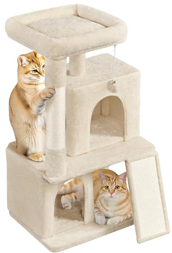 Yaheetech Kratzbaum, Stabiler Katzenbaum 106 cm H Katzenkratzbaum, mit 2 Häuschen und Spielball, Spielbaum für Katzen, Beige