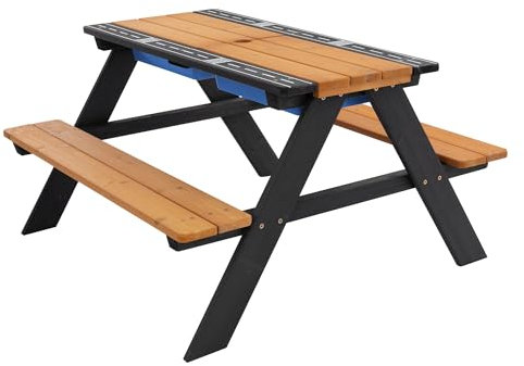 ML-Design 2in1 Kindersitzgruppe mit Sand- und Wasserspieltisch, Naturbraun, Kindersitzgarnitur Massivholz inkl. 2 Wannen, Garten Sitzgarnitur Outdoor, Picknicktisch für Kinder, Matschtisch Matschküche