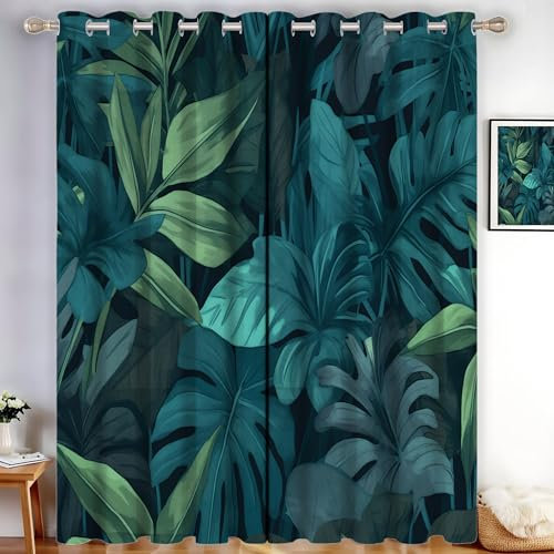 2 Piante A Foglia Tende Oscuranti per Interni Pezzi 140L X 245A cm, Piante Tropicali Tenda per Soggiorno, Turchese Scuro Tende Coprente Termiche Isolanti per Finestra Camera da Letto Salotto