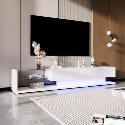 OLIVIBED Mesa para TV con LED, Baja, con 2 cajones y Estante de Vidrio, para TV hasta 75 Pulgadas, para salón, Comedor, Muebles de salón, 170 x 36 x 38 cm, Blanco (Blanco)