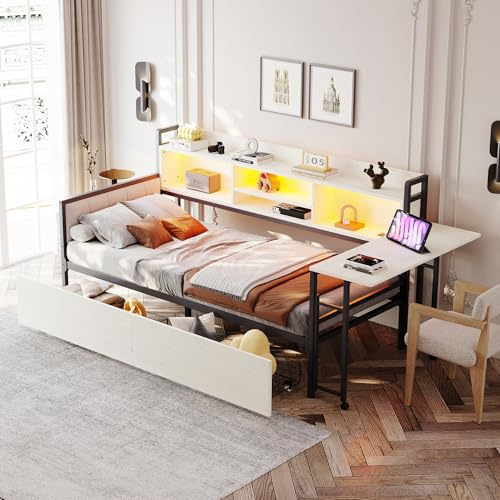Kebnor 90 * 200cm Daybett, Eisen Sofabett, mit LED-Beleuchtung und Stauraum, mit Schubladen und multifunktionaler Steckdose, ausklappbarem Schreibtisch, weicher Rückenlehne, (Weiß)