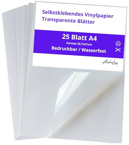 25 Din A4 Transparentes Vinyl Aufkleberpapier | Bedruckbare Vinylfolie für Inkjet- und Laserdrucker | Matte oder glänzende weiße Vinylblätter für Aufkleber und Etiketten