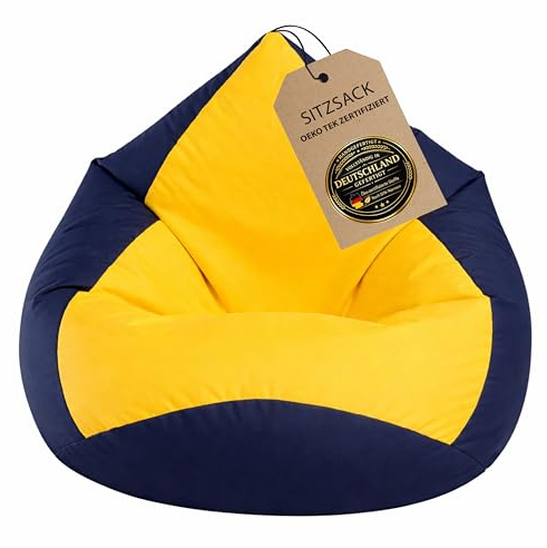 BuBiBag Sitzsack XXL Gaming – Bean Bag fertig befüllt – Oeko-Tex – wasserabweisend – Kinder & Erwachsene – dunkelblau-gelb – 120x95cm