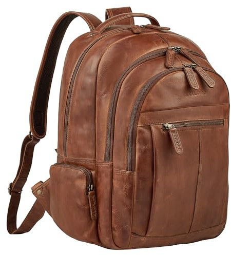 STILORD Alaric XL Business Rucksack Herren Leder Laptoprucksack 17 Zoll viele Fächer für DIN A4 Ordner Lederrucksack großer Arbeitsrucksack Männer mit Trolley-Halterung Farbe:brandy - cognac