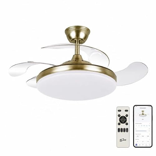 Bilake Ventilador de Techo con Aspas Retráctiles y Luz LED. Motor DC Ultra Silencioso, Bluetooth (App) y Mando, Función Invierno/Verano, Memoria y Regulable Altura (Dorado Liso, 108cm | 50W | 6200lm)