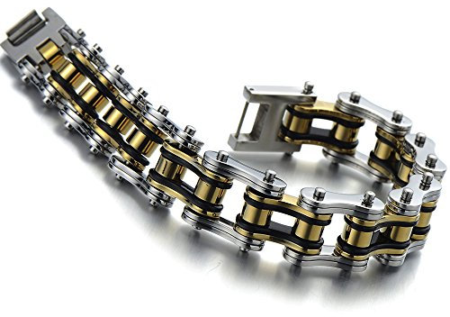 COOLSTEELANDBEYOND Große Herren-Armband Fahrradkette Motorradkette aus Edelstahl Gold Silber Schwarz Tri-Ton Hochglanz Poliert