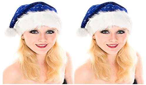 Ciffre 2 er Set Weihnachtsmütze Nikolausmütze Blau Plüsch mit Glitzer Staub Dicker Fellrand X18