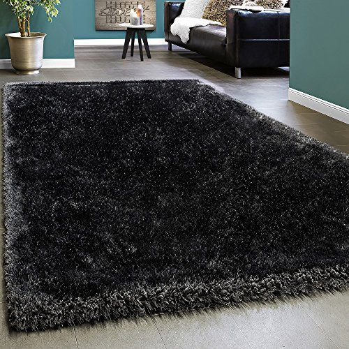 Paco Home Edler Teppich Shaggy Hochflor Einfarbig Flauschig Glänzend In Anthrazit, Grösse:80x150 cm