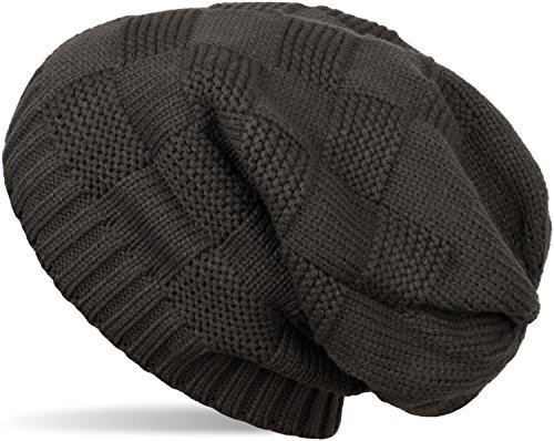 styleBREAKER Strick Beanie Mütze mit Patent Muster, Slouch Longbeanie, Unisex 04024137, Farbe:Dunkelgrau
