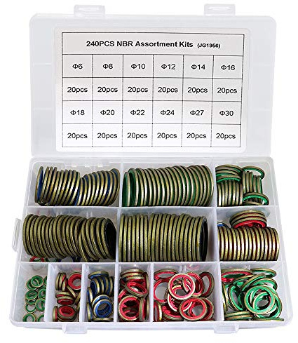 KOOTANS 240pcs 12 Sizes NBR Metal Bonded Sealing Washer Assort Kit Hydralic Oil Resist Rubber Oil Pipe Seal Gasket Metric NBR Metal Combination O-Ring Assortment Kit