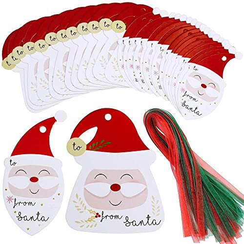 Geschenkanhänger Weihnachten, MonQi 100 Stück “From Santa” Weihnachtsanhänger Kraftpapier mit Grün und Rot Organzaband, Cartoon Geschenkanhänger Papier Weihnachten, Weihnachten Etiketten Anhänger