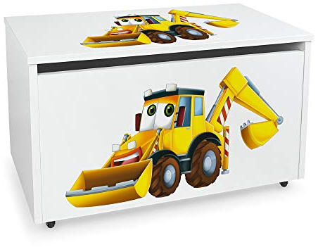Leomark Holz Spielzeugkiste auf Rädern, Sitzbank mit Stauraum, Spielzeugkiste mit Deckel, Kinderbank - Truhenbank für Kinder, weiße Aufbewahrungsbox 91L, Höhe: 46 cm (Herr Bagger)