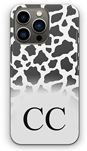Personalised Initials Phone Case For Apple iPhones, 16, 15, 14,13, 12, 11, Pro Max, Mini, XR, SE Black Monogram, Initials on Black and White Cow Print Hard Phone Cover