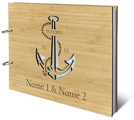 Personalisiertes Hochzeit Gästebuch echtes Holz DIN A4 Hochzeitsbuch mit Lasergravur - Anker - mit 72 Blatt / 144 Seiten Naturpapier Weiß