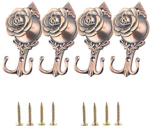 Ailejia 2 Paar Vintage dekorative Vorhänge Rosen Blumen Vorhang Raffhalter Haken Kleiderhaken Wandbefestigung Blumen Design Haken (Rose Dunkelrot)