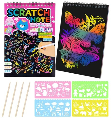 MELLIEX Scratch Art Notes per Bambini, Set di 2 Blocco da Disegno Arcobaleno Scratch Paper con 4 Penne Stilografiche in Legno e 4 Righelli da Disegno per Disegni, Giochi e Scrittura
