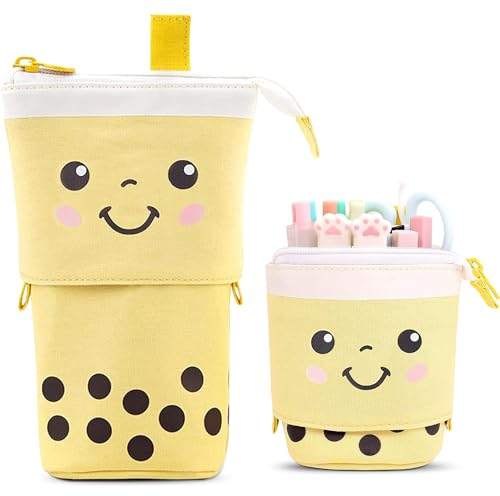 MAMUNU Federmäppchen mit Ständer, Cartoon-Motiv, niedliches Teleskop-Federmäppchen, Stiftehalter, Kawaii, Leinen, Bleistifthalter, Kosmetiktasche, Teenager, Erwachsene (gelb)