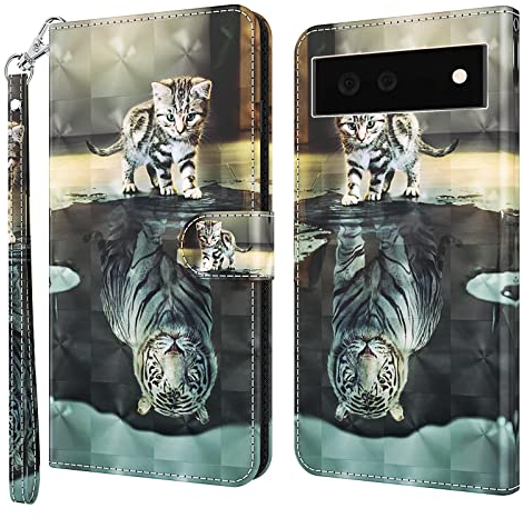 GLANDOTU Handyhülle für Google Pixel 6 Hülle Klappbar Lederhülle [Weicher TPU] [Magnet] Ständer Flip Cover Schutzhülle Wallet Case Google Pixel 6 Ledertasche (Katze & Tiger)