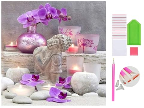 DOUKOYEE Diamond Painting für Erwachsene Blumen Buddha und Kerze Bilder DIY 5D Diamant Malerei Kit Stickerei Set Kreuzstich Diamant Painting Bilder Wall Home Room Decoration (A)
